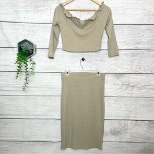 Almost Famous Beige Tan Ribbed Off Shoulder Crop Top & Midi Pencil Skirt Set M/L